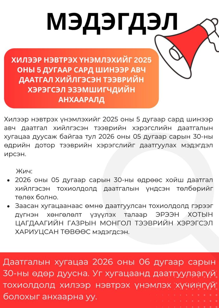 ХИЛЭЭР НЭВТРЭХ ҮНЭМЛЭХИЙГ 2025 ОНЫ 5 ДУГААР САРД ШИНЭЭР АВЧ ДААТГАЛ ХИЙЛГЭСЭН ТЭЭВРИЙН ХЭРЭГСЭЛ ЭЗЭМШИГЧДИЙН АНХААРАЛД