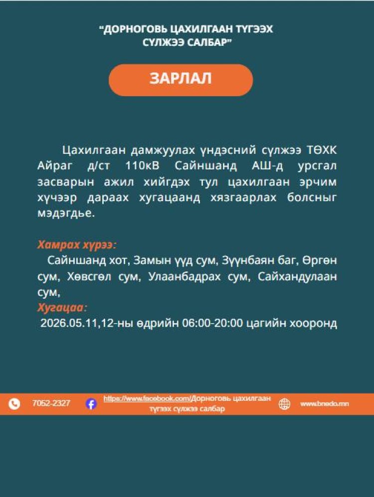 ЦАХИЛГААН ЭРЧИМ ХҮЧ ХЯЗГААРЛАХ ТУХАЙ МЭДЭГДЭЛ